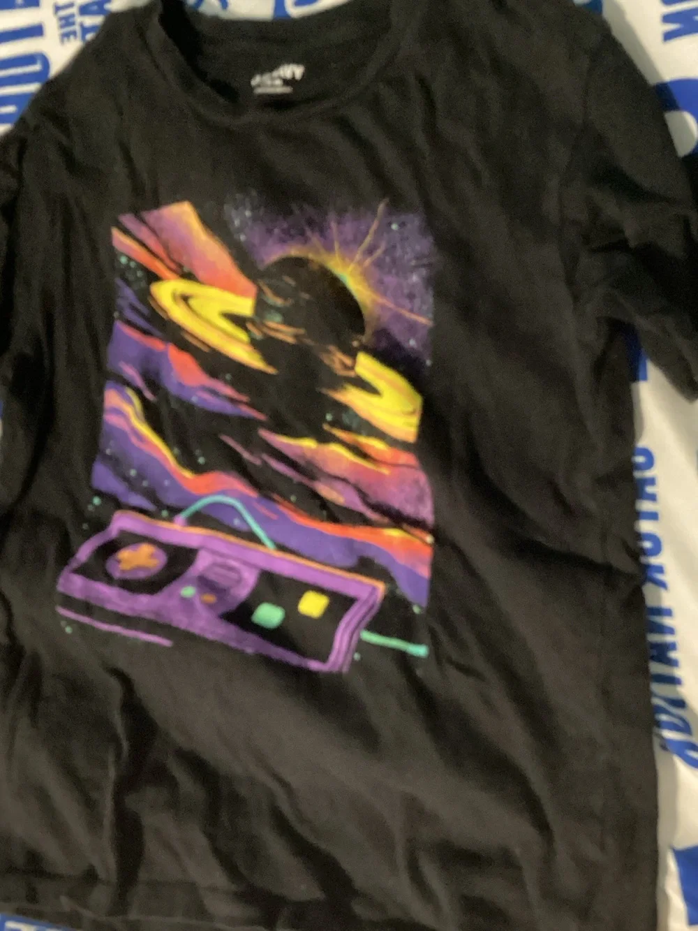 Old Navy Black T-Shirt with Blue Graphic Accent